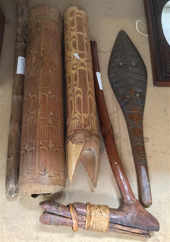 Maori paddle club, axe, Asmat horns (5 items)